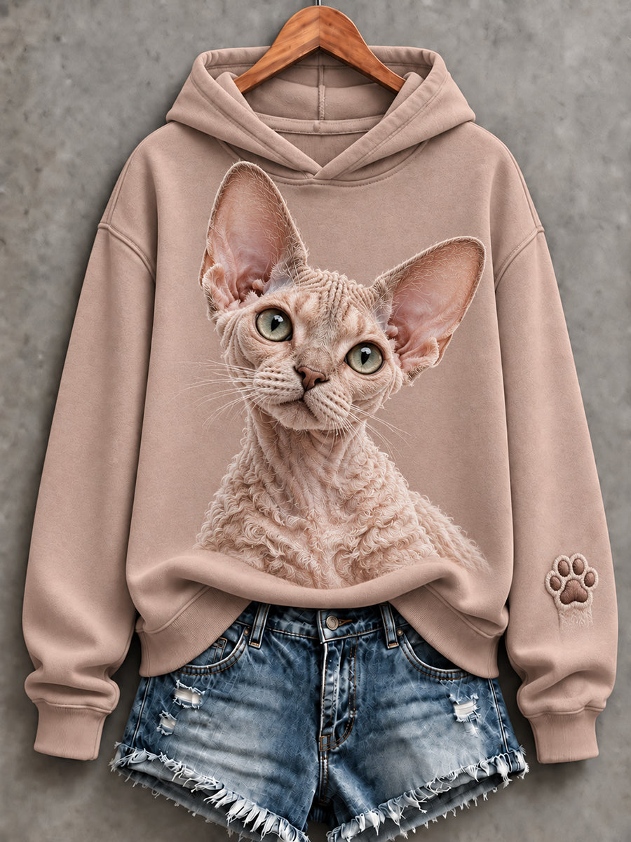 Kvinnors söta Devon Rex Cat Skriv ut bekväm Hoodie.