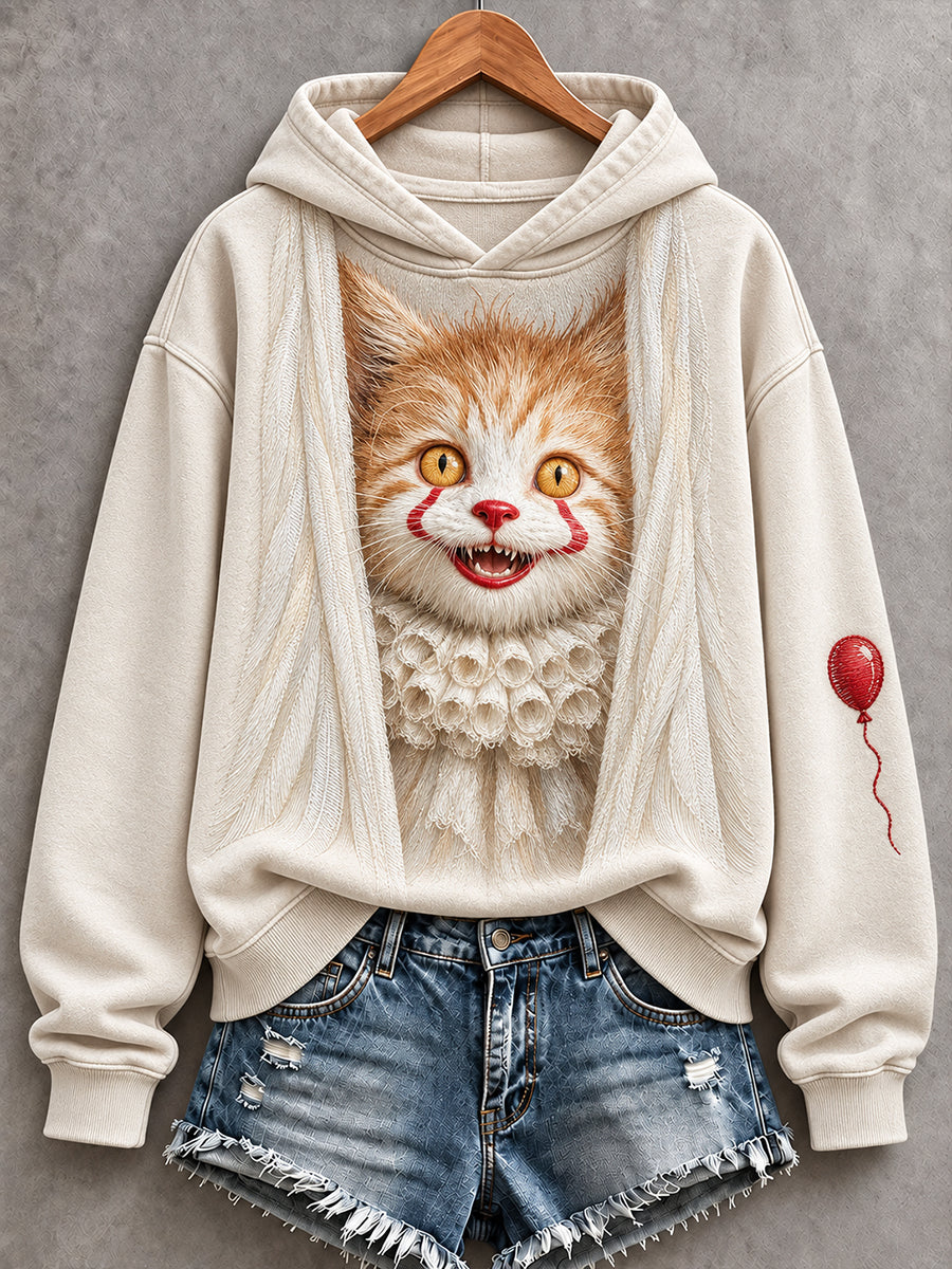 Damtröja i vintagestil med Halloween-motiv – clown och katt, mysig hoodie