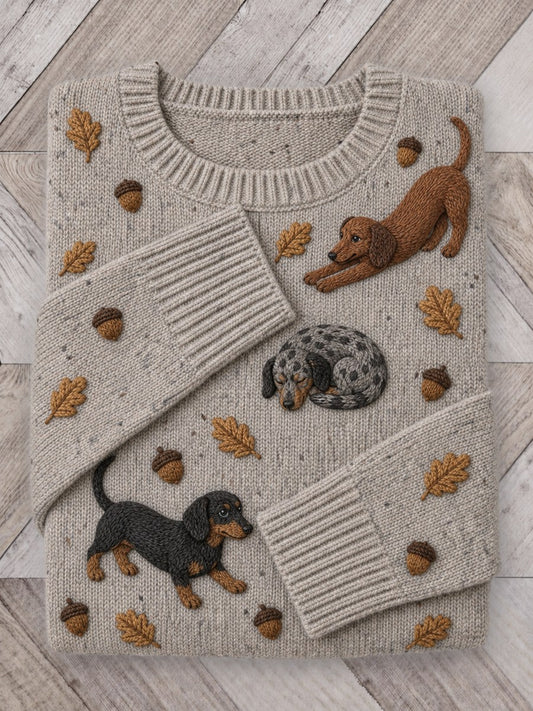 Women's Vintage Dachshund Dogs & Fall Nuts Leaves Print crew neck sweater