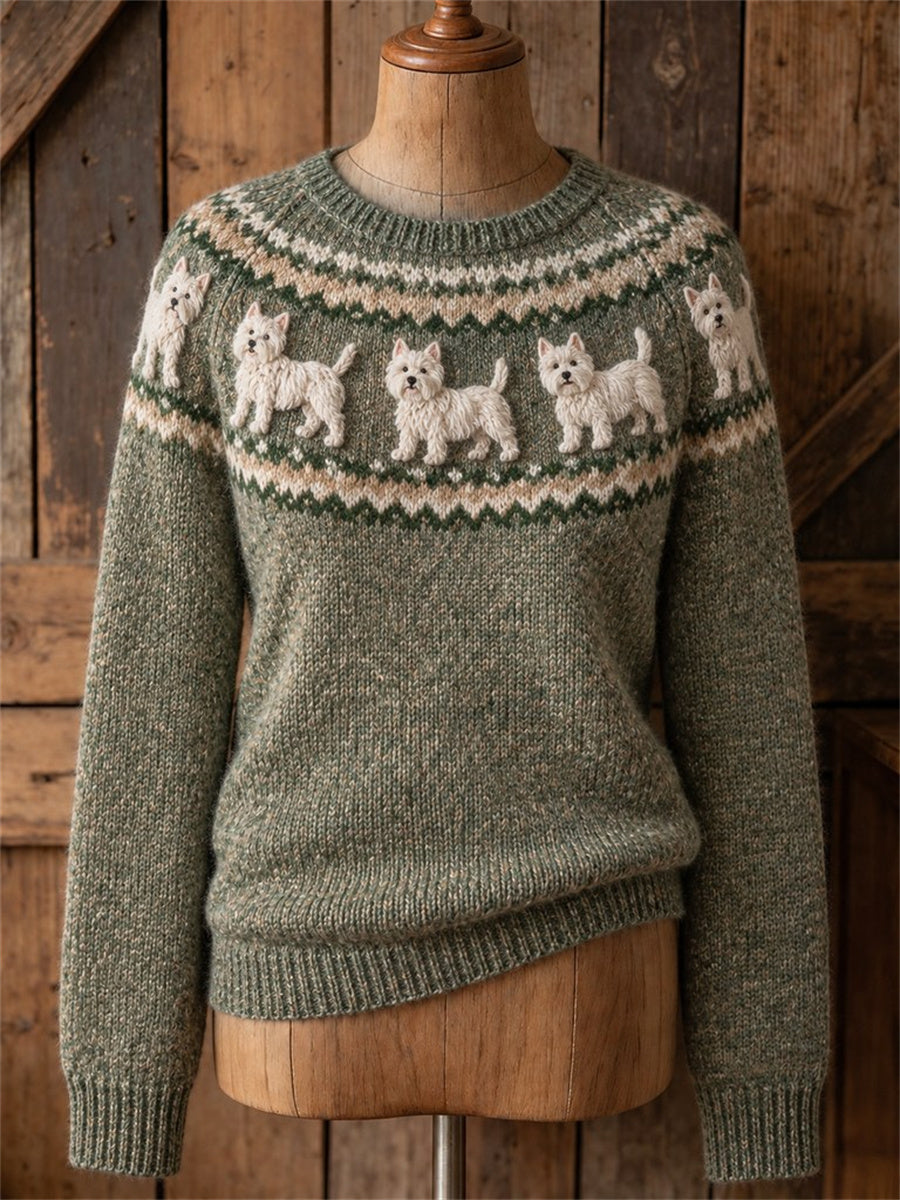 Women's Vintage West Highland White Terrier Dogs Yoke Isle Print crew neck sweater