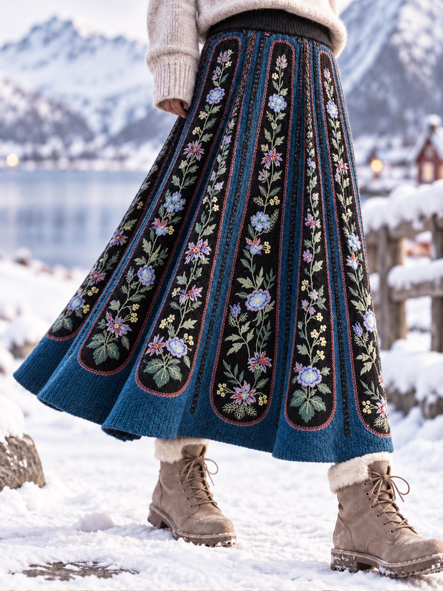 Kvinnors Retro Konstnärliga Etnisk Floral Midi Skirt