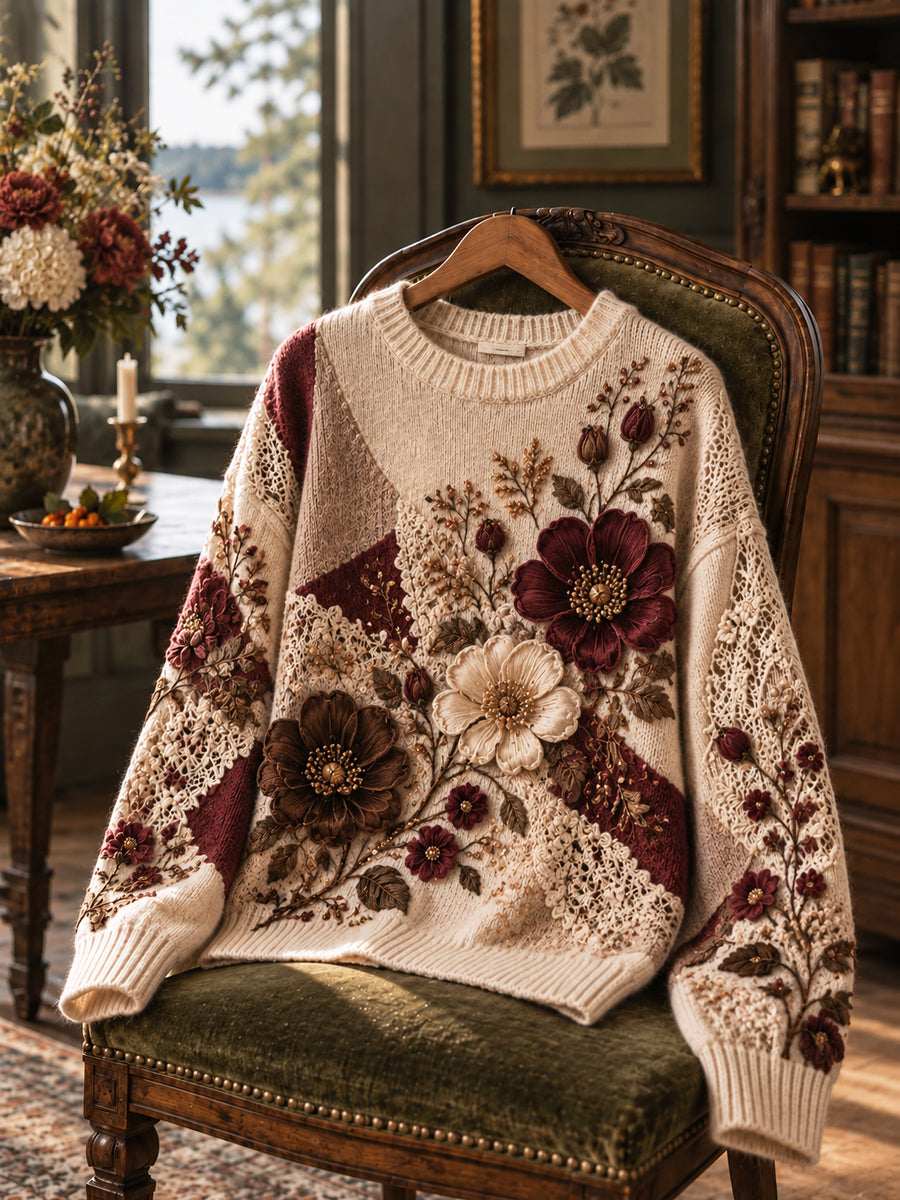 Dams Retro Artistisk Blommig Lapptäcks-Pullover med Rund Hals