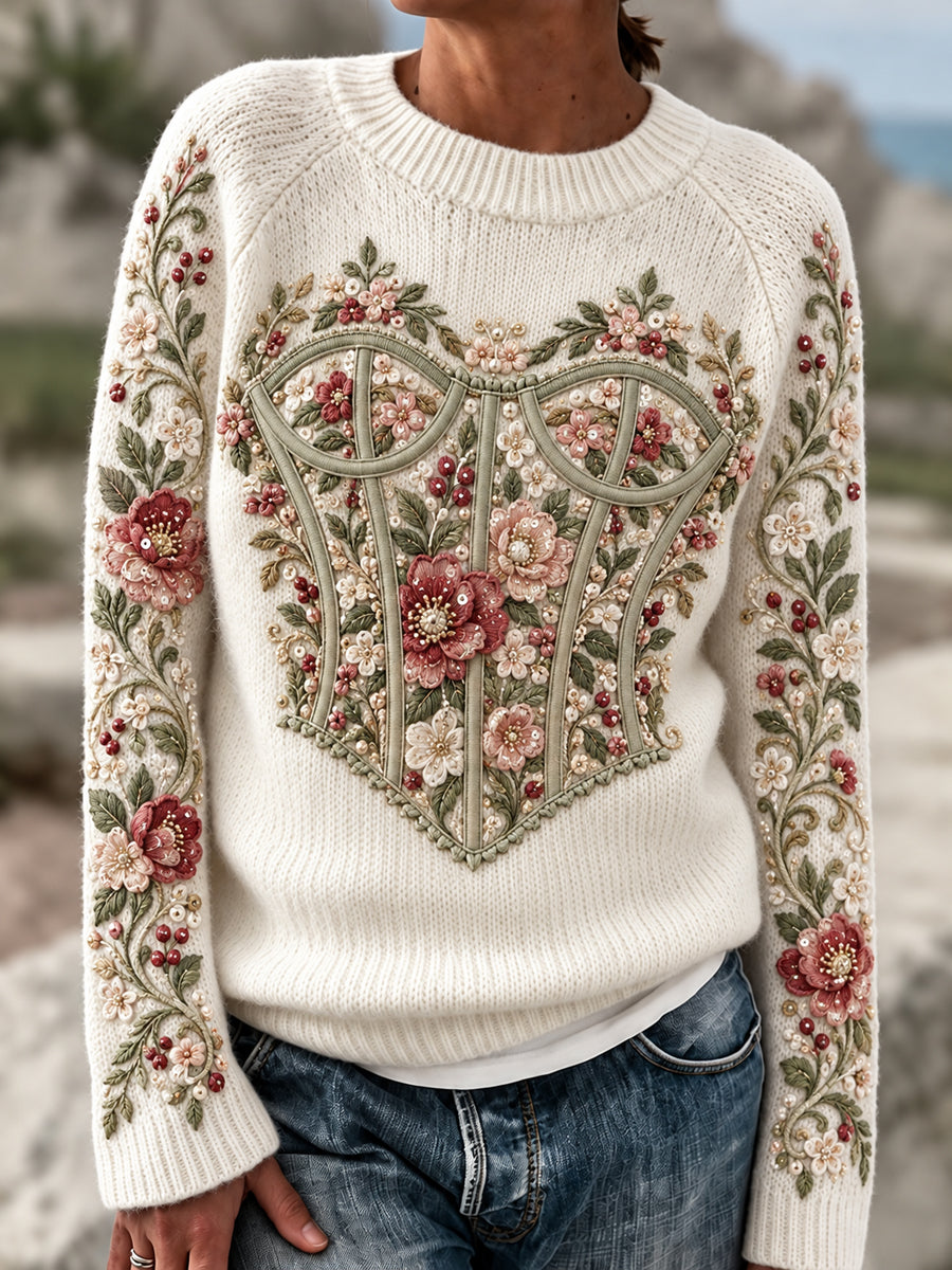 Dams Retro Blommig Tvådelad-imitation Pullover med Rund Hals