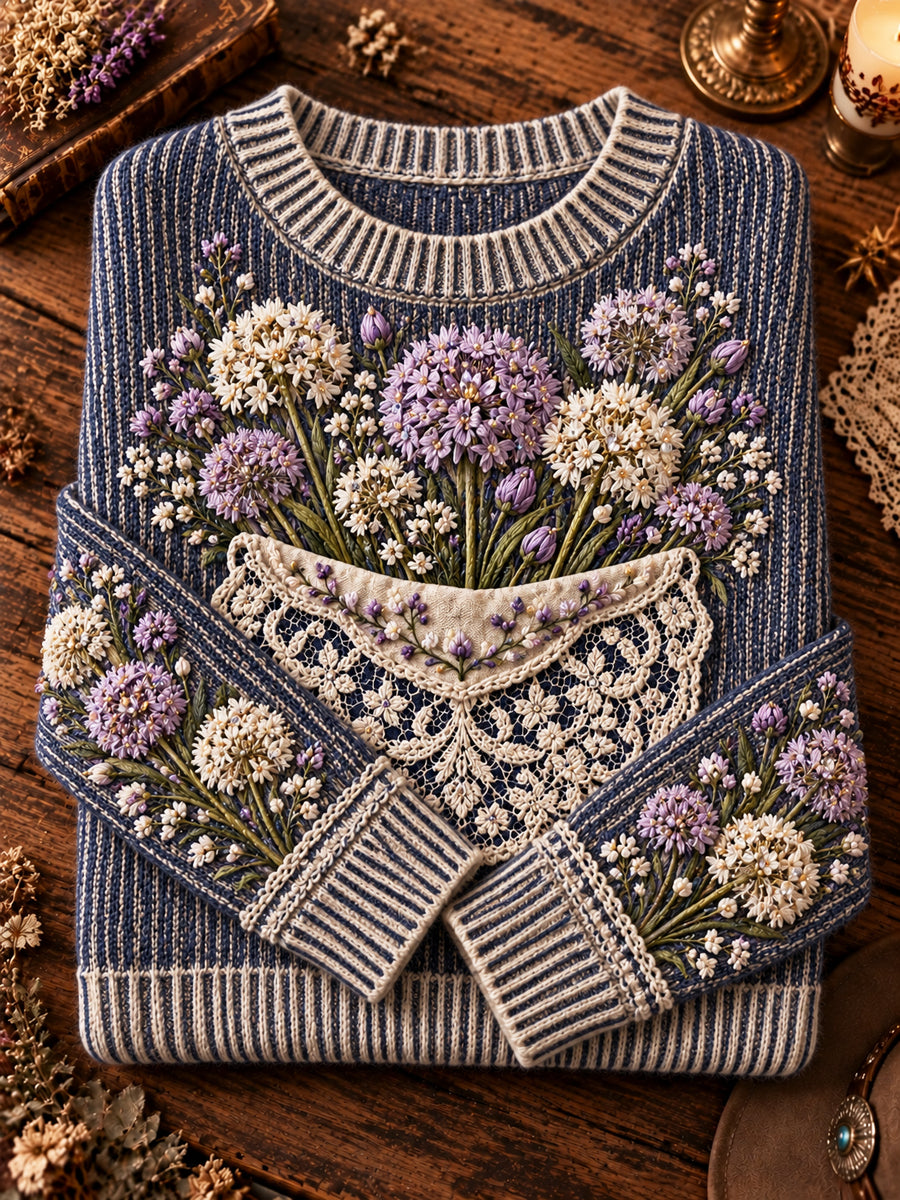 Kvinnors Retro Konstnärliga blomsterränder besättning-hals pullover