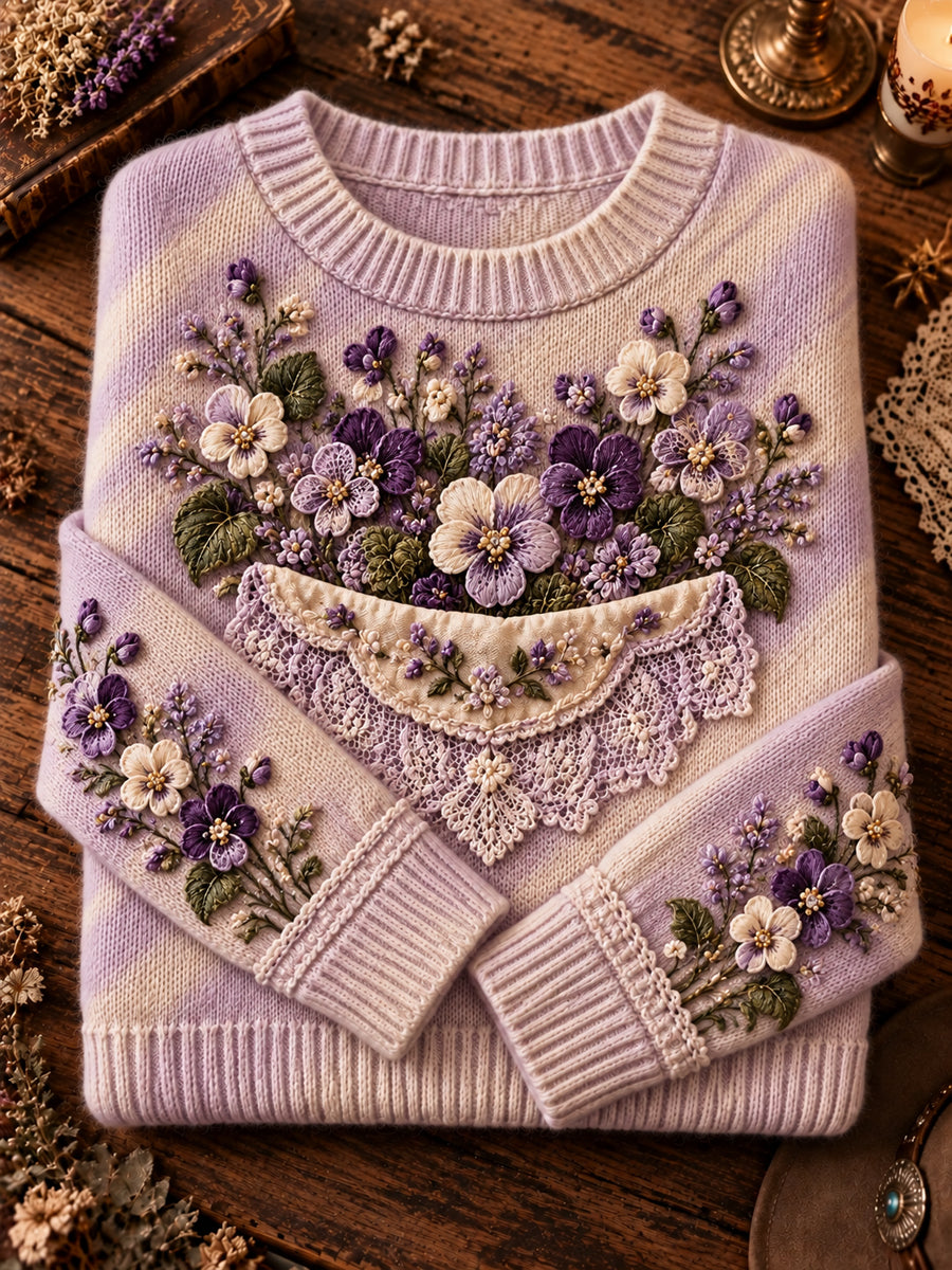 Kvinnors Vintage Konstnärlig blomster Ombré rund hals pullovere