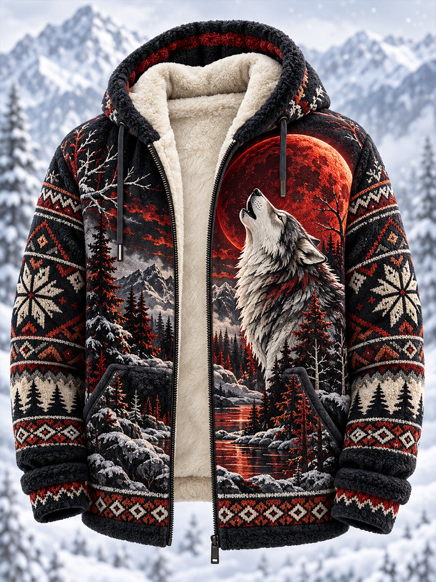 Mäns nordiska-stil djurtryck Flannel Hooded Jacka