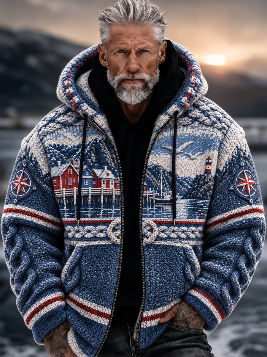 Herr Retro Nordiska kustnära Inspirerade Flannel Hooded Jacka