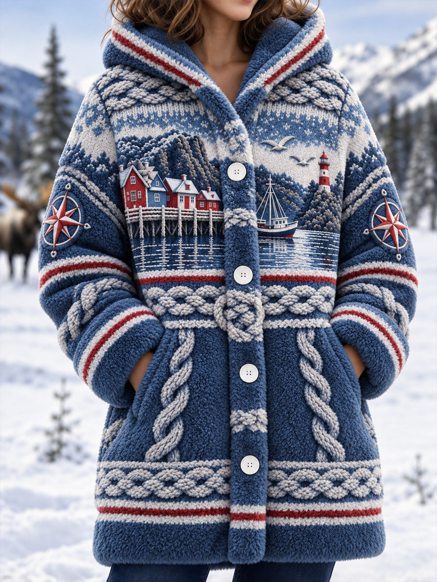 Kvinnor Retro Nordiska kustnära Inspirerade Flannel Hooded Jacka