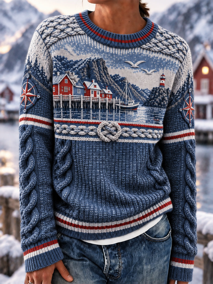 Kvinnors Retro Nordic Kust-Inspirerad besättning-hals topp