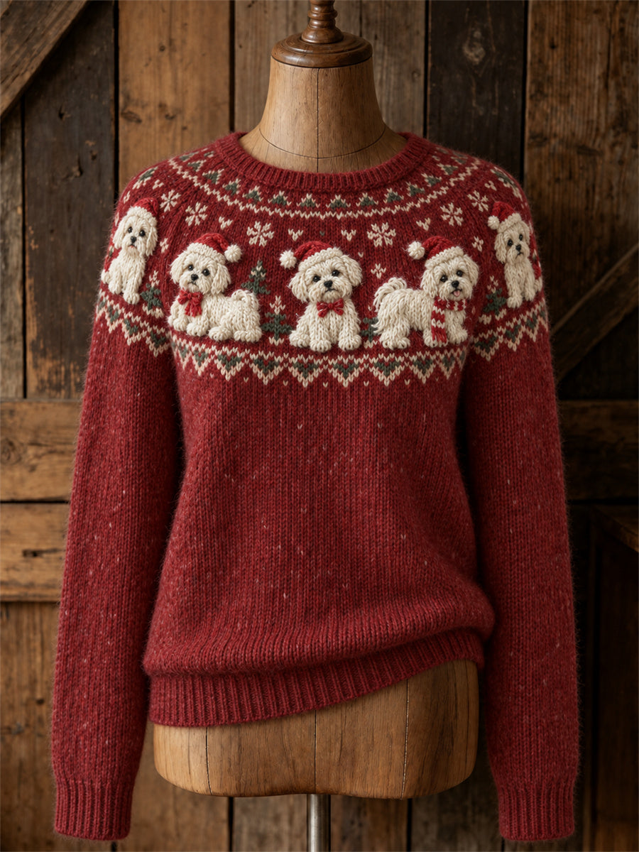 Kvinnors Vintage jul maltesiska hundar Yoke Isle Print besättning hals tröjar