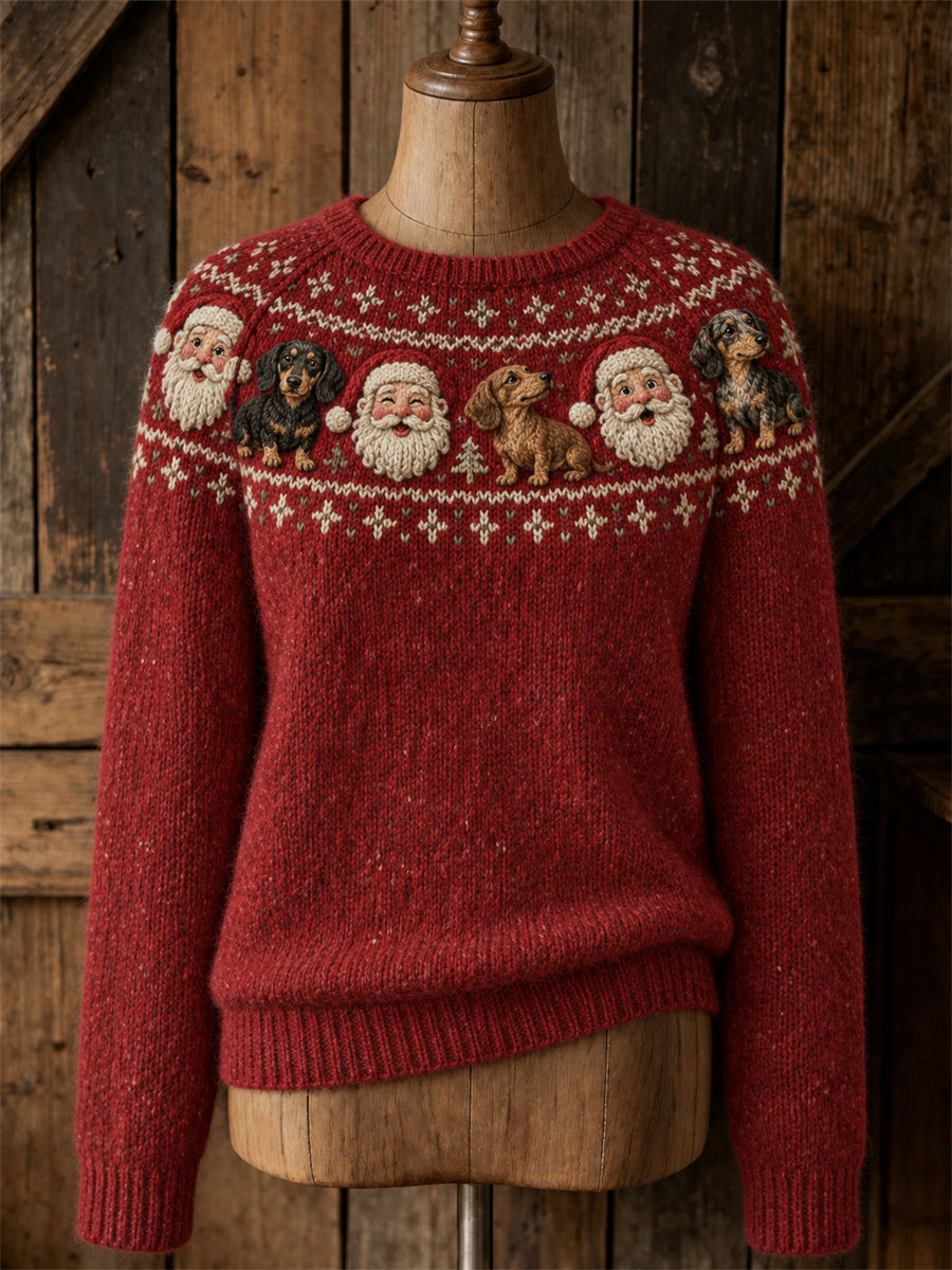 Kvinnors Vintage Christmas Santa Claus & Hackhund hundar Yoke Isle Print besättning hals tröjar