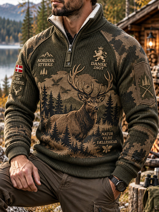 Mäns fleece-lined hög hals tröja med jakt-tema tryckt