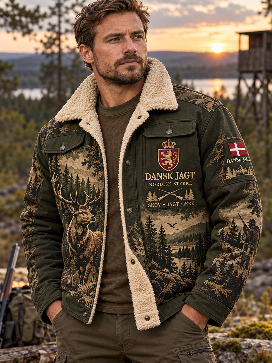 Mäns fleece-Lined Jacka med jakt-tema tryckt