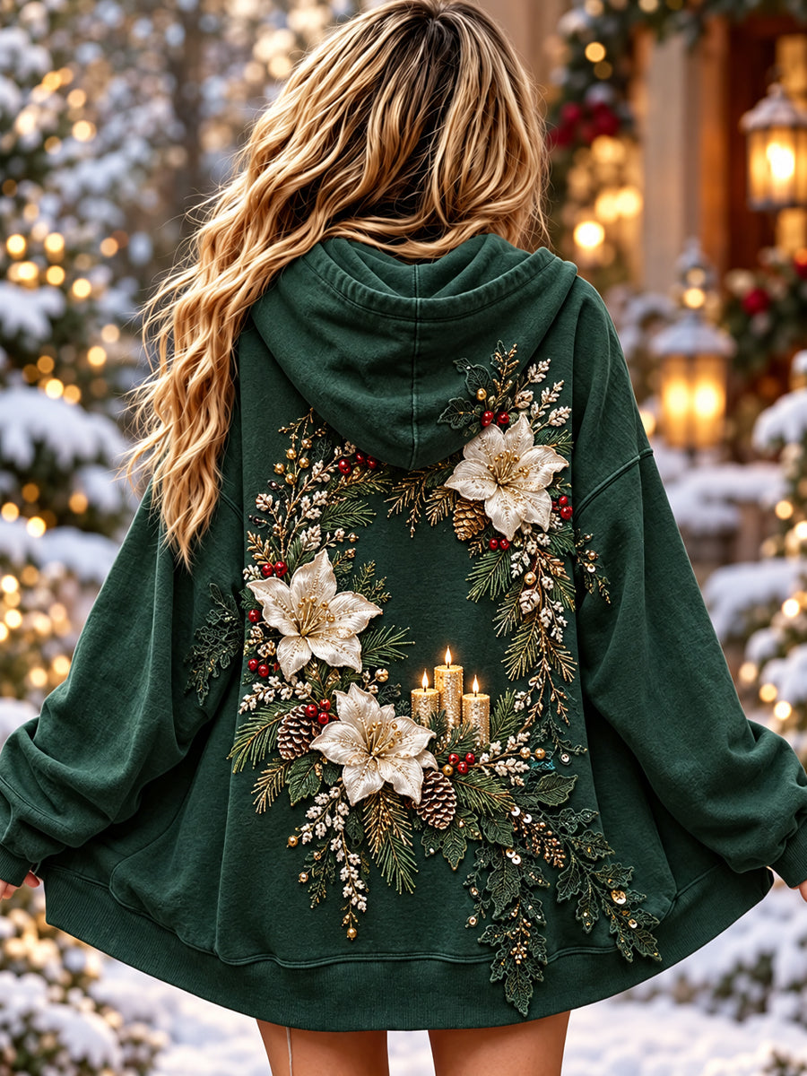 Kvinnors Retro Floral Christmas Berry Hooded Jacka
