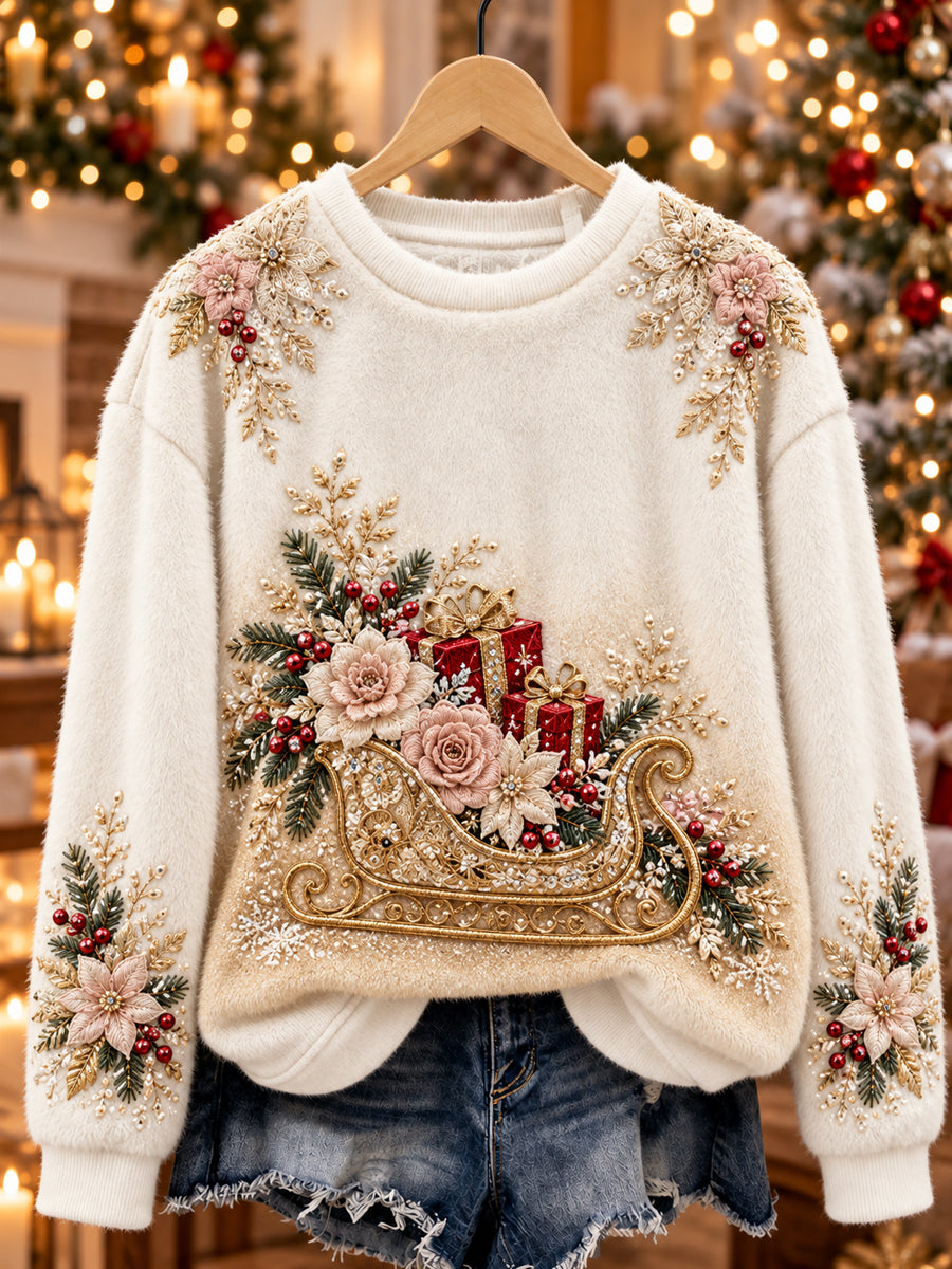 Kvinnors Retro Floral Julklapp Flannel Crewneck Sweatshirt
