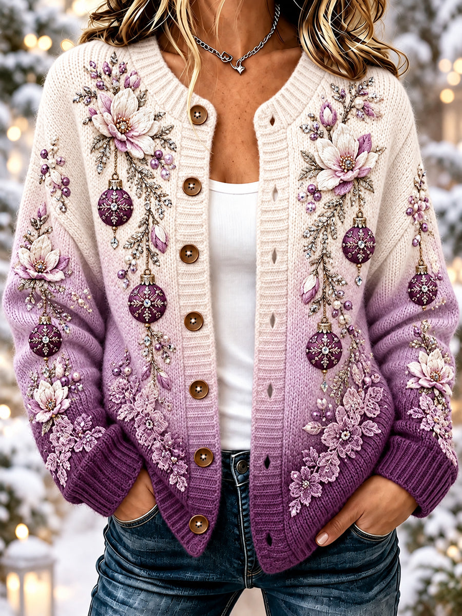 Kvinnors Vintage Floral Christmas Ball Gradient Cardigan