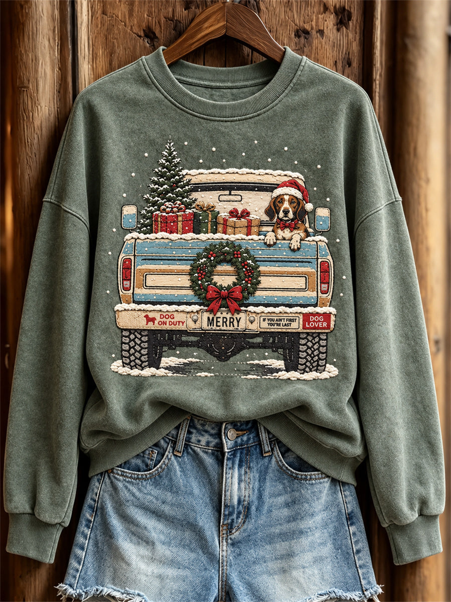 Damtröja i vintagestil med julmotiv – beaglehund och lastbil