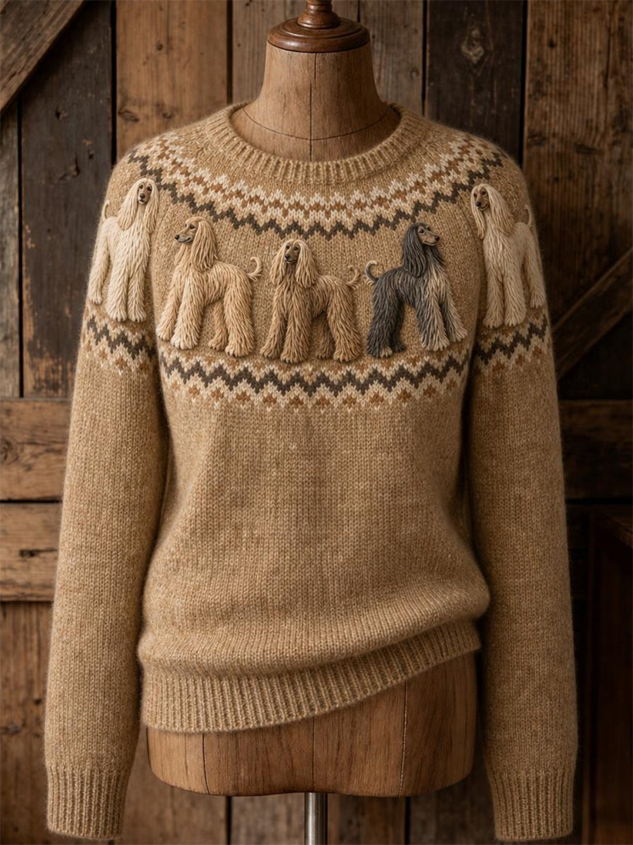 Kvinnors Vintage Afghan Hound hundar Yoke Isle Print besättning hals tröjar