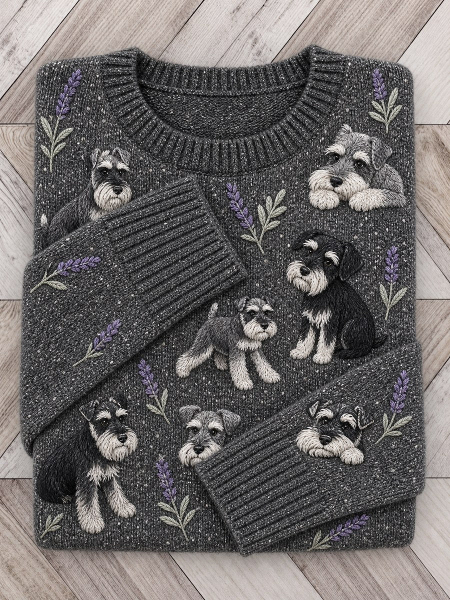 Kvinnors Vintage Schnauzer hundar & Lavendel Floral Print besättning hals tröjar