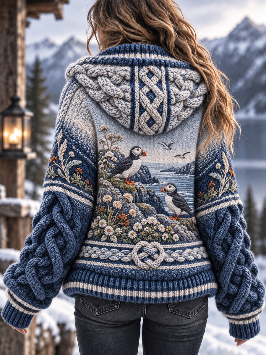 Kvinnor Retro Nordiska kustnära Inspirerade Puffin Hooded Jacka