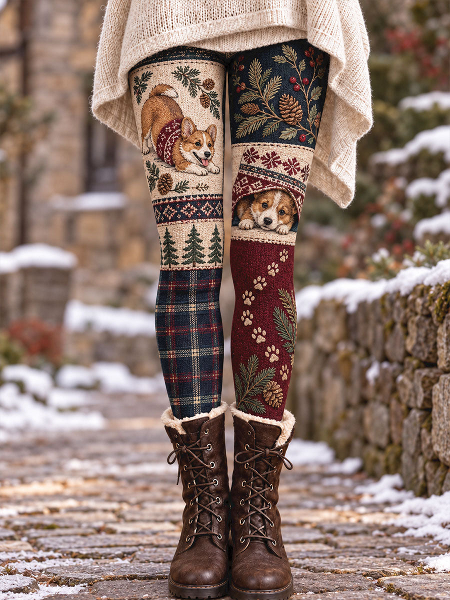 Damleggings i vintagestil med vintermotiv, blommor och djur, tryckt konstmotiv
