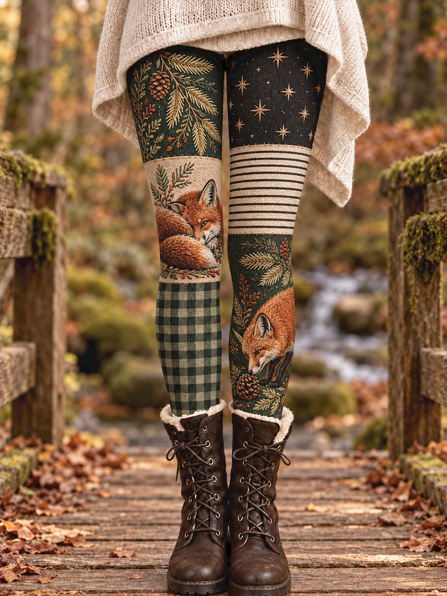 Damleggings i vintagestil med vintermotiv, blommor och djur, tryckt konstmotiv