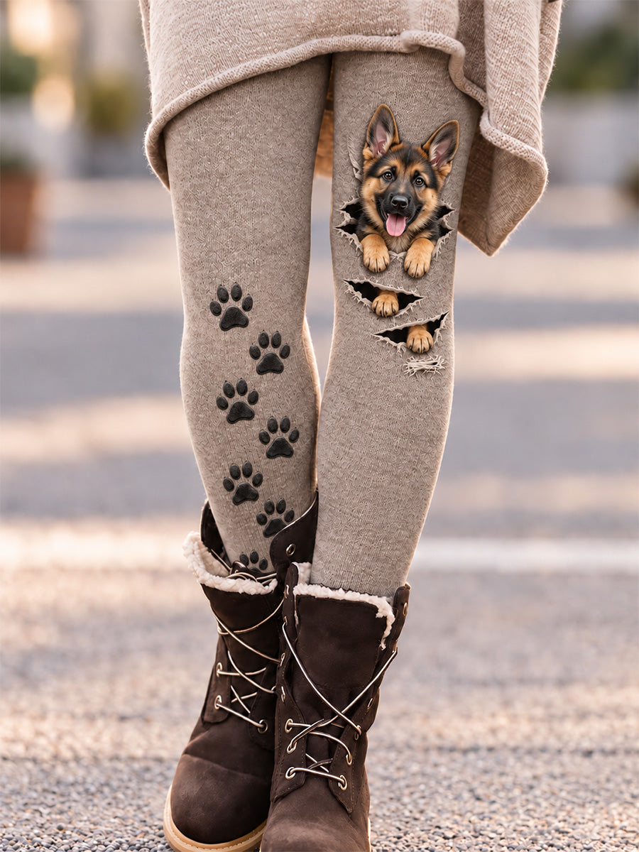 Söta leggings i sammet med hundtryck för damer