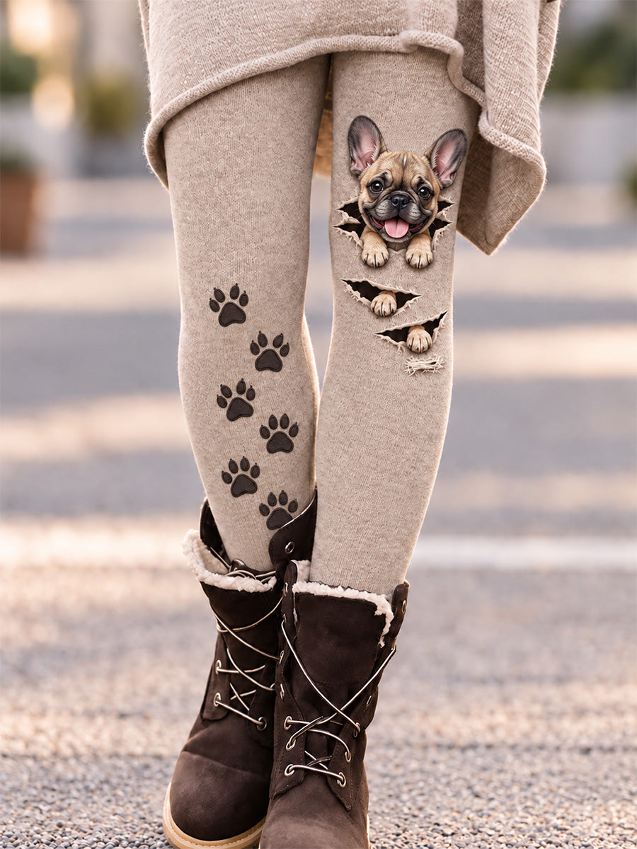 Söta leggings i sammet med hundtryck för damer
