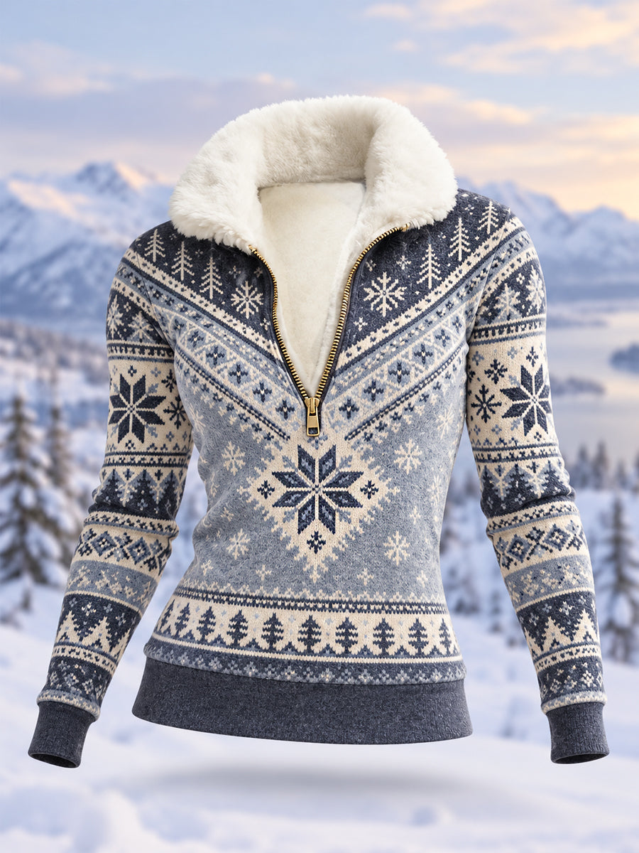 Kvinnors geometriska Motifs Skriv ut Casual Plush blixtlås Pullovere