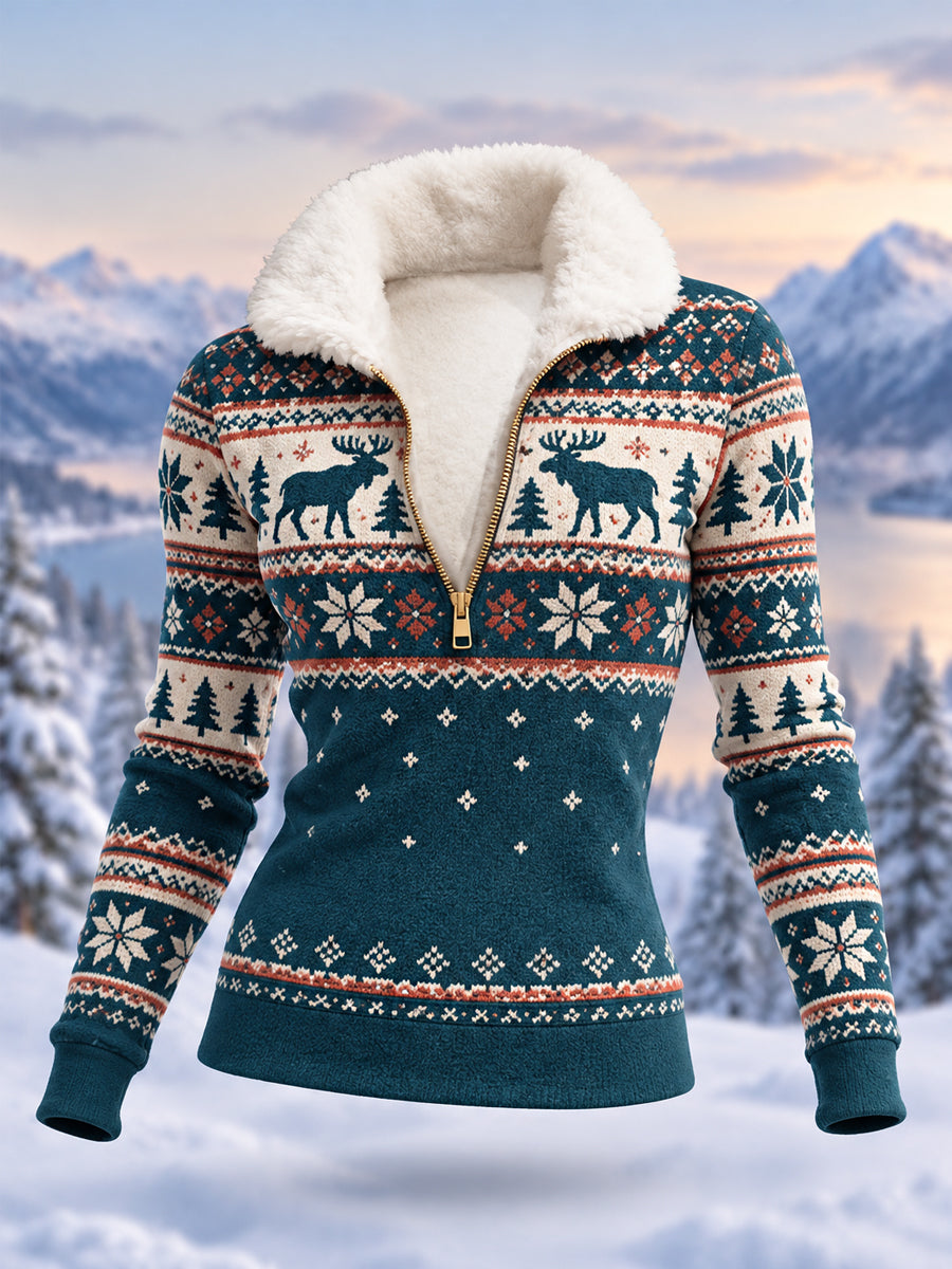 Kvinnlig mönstrad moose-tryckt casual plyschpullover med dragkedja