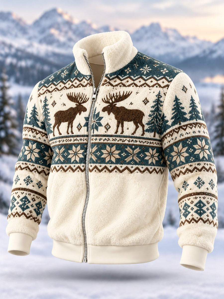 Mäns geometriska Motifs Moose Print Casual Flannel blixtlås jacka