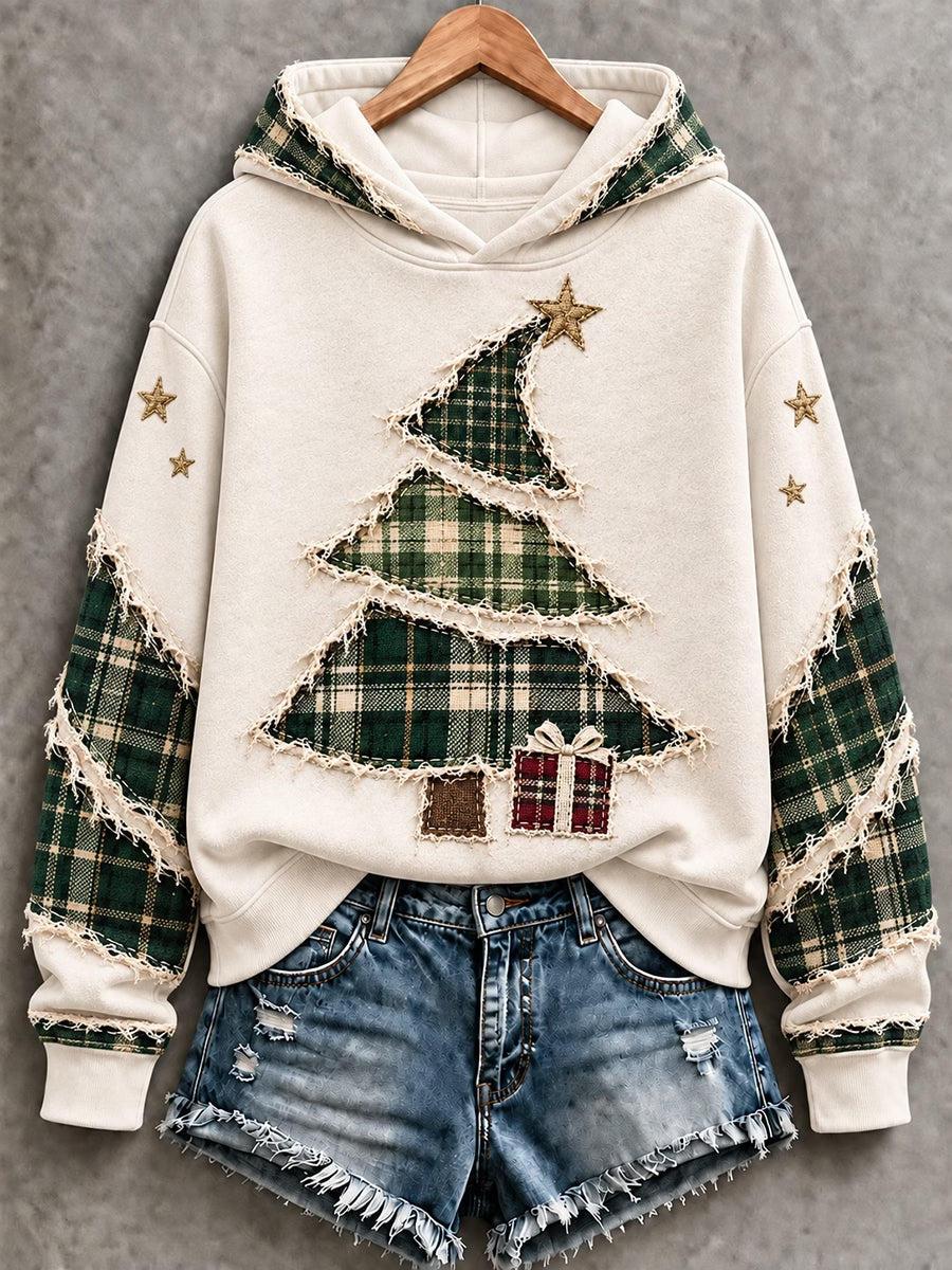 Damtröja med konstnärlig julgransdesign och huva