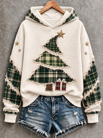 Damtröja med konstnärlig julgransdesign och huva