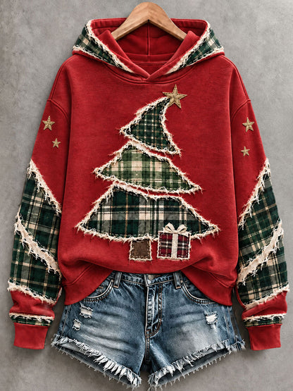 Damtröja med konstnärlig julgransdesign och huva