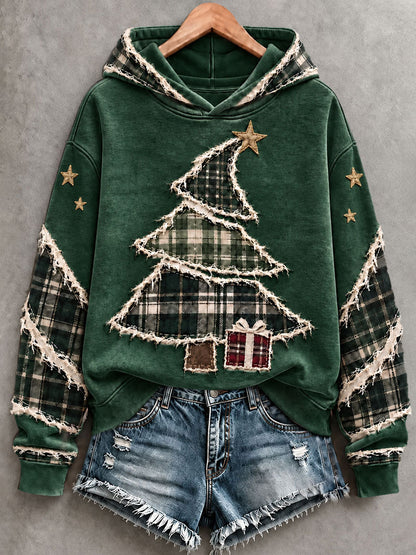Damtröja med konstnärlig julgransdesign och huva