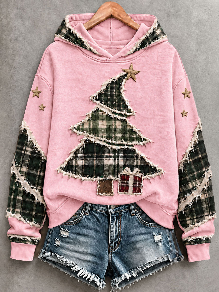 Damtröja med konstnärlig julgransdesign och huva