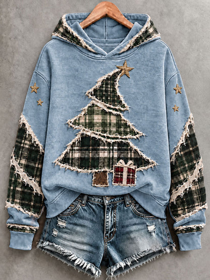 Damtröja med konstnärlig julgransdesign och huva
