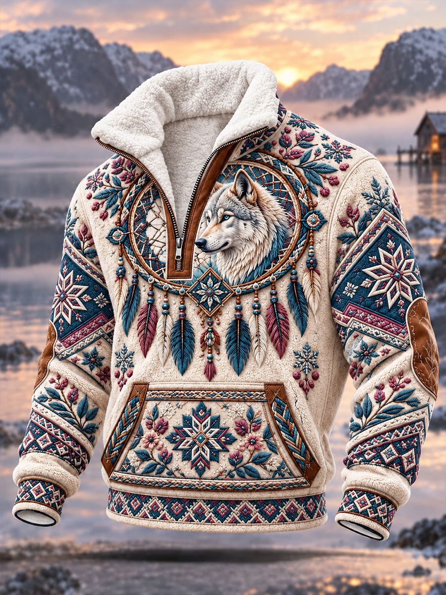 Herrens nordiska skogsdjur tryckt Fleece-Lined Half-Zip Sweatshirt