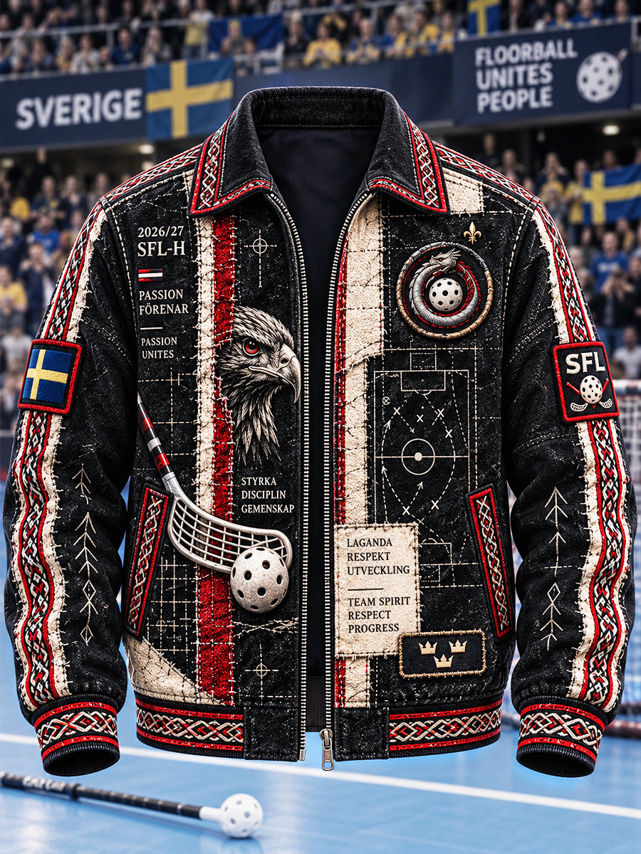 Mäns svarta Svensk Storvreta IBK innebandyjacka med patchworkmönster och dragkedja, i ledig stil