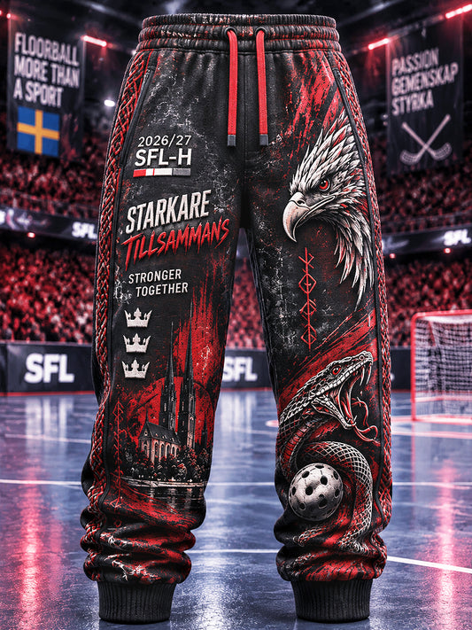 Män Svarta Storvreta IBK-tryckta fritidssportbyxor i svensk innebandy-stil