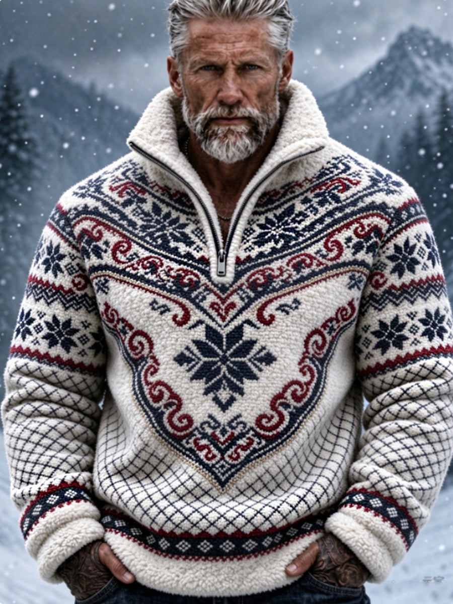 Herrtröja i nordisk Fair Isle-stil med geometrisk snöflingemönstrad design, flanell