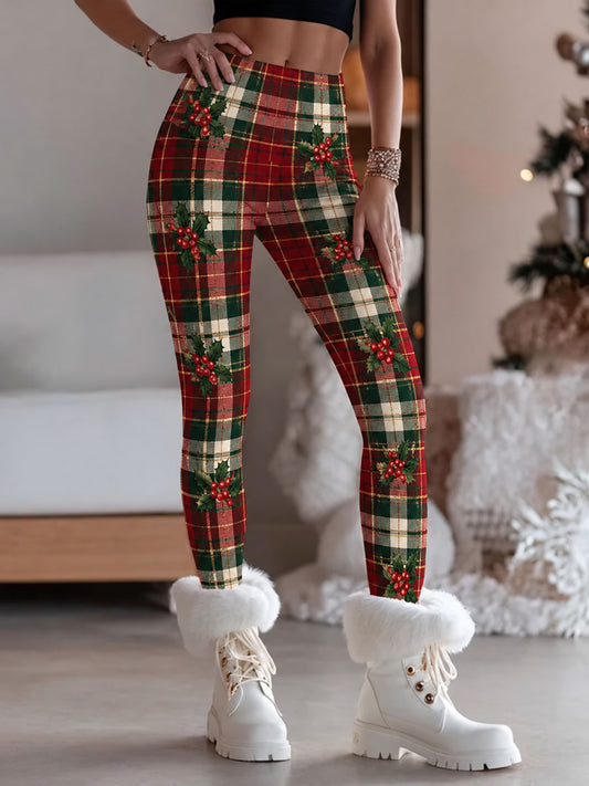Kvinnors jul Vintage Plaid Print Casual Leggings
