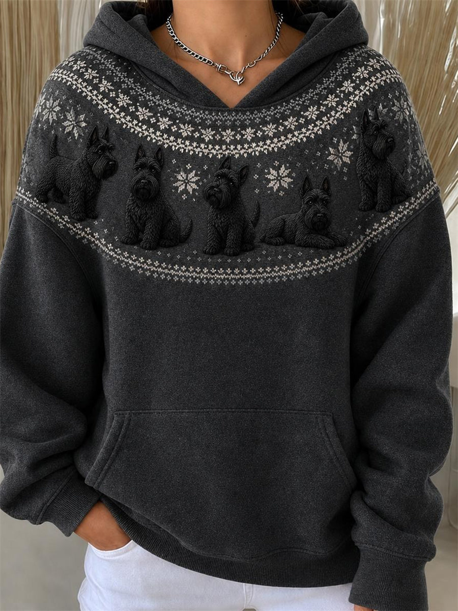 Damhoodie i vintagestil med svart tryck med skotska terrierhundar och yoke-islandsmönster