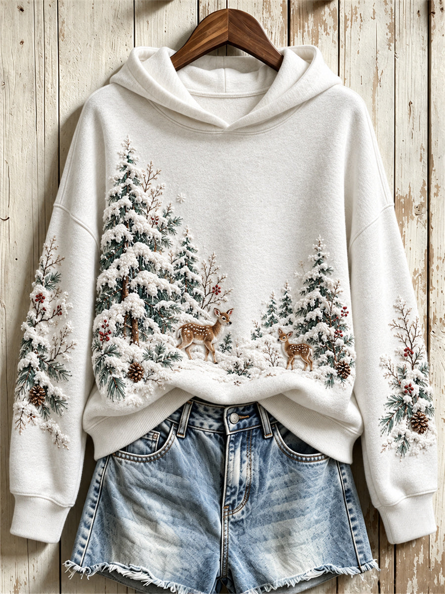 Damhoodie med vintagetryck av hjortar i snöig skogsmiljö