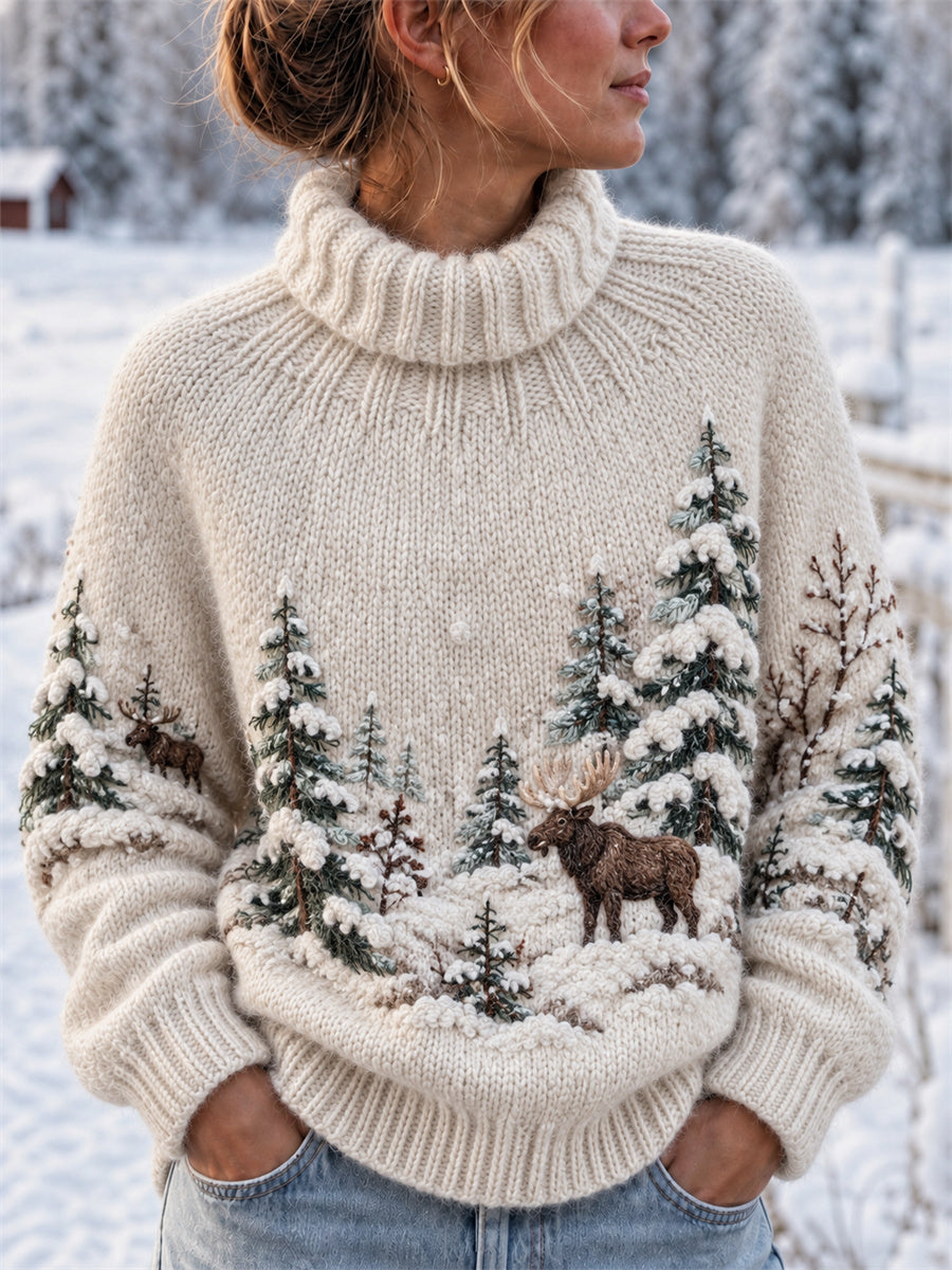 Kvinnors Vintage älg snöig skogslandskap Skriv ut mysig turtlenecks tröjar