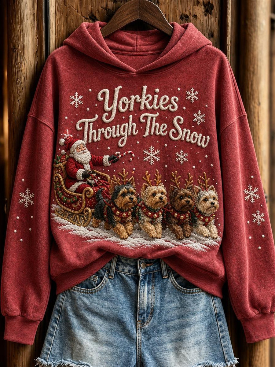 Kvinnors Yorkies Genom snön jultomten & Hundar Print