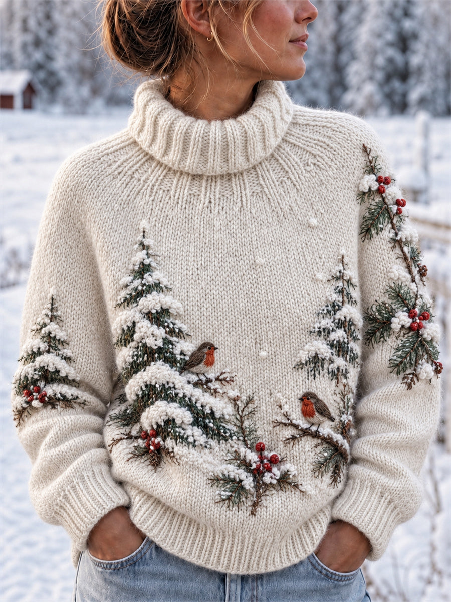 Kvinnors Vintage Robin Birds Snowy Forest Landskap Skriv ut mysig turtlenecks tröjar