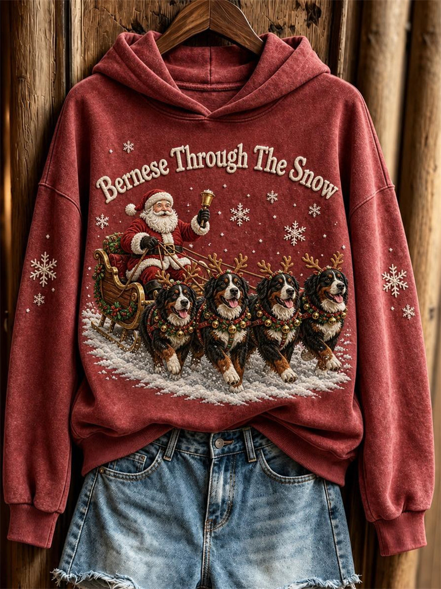 Kvinnors Berner Genom snön jul jultomten & hundar Skriv ut Hoodie.
