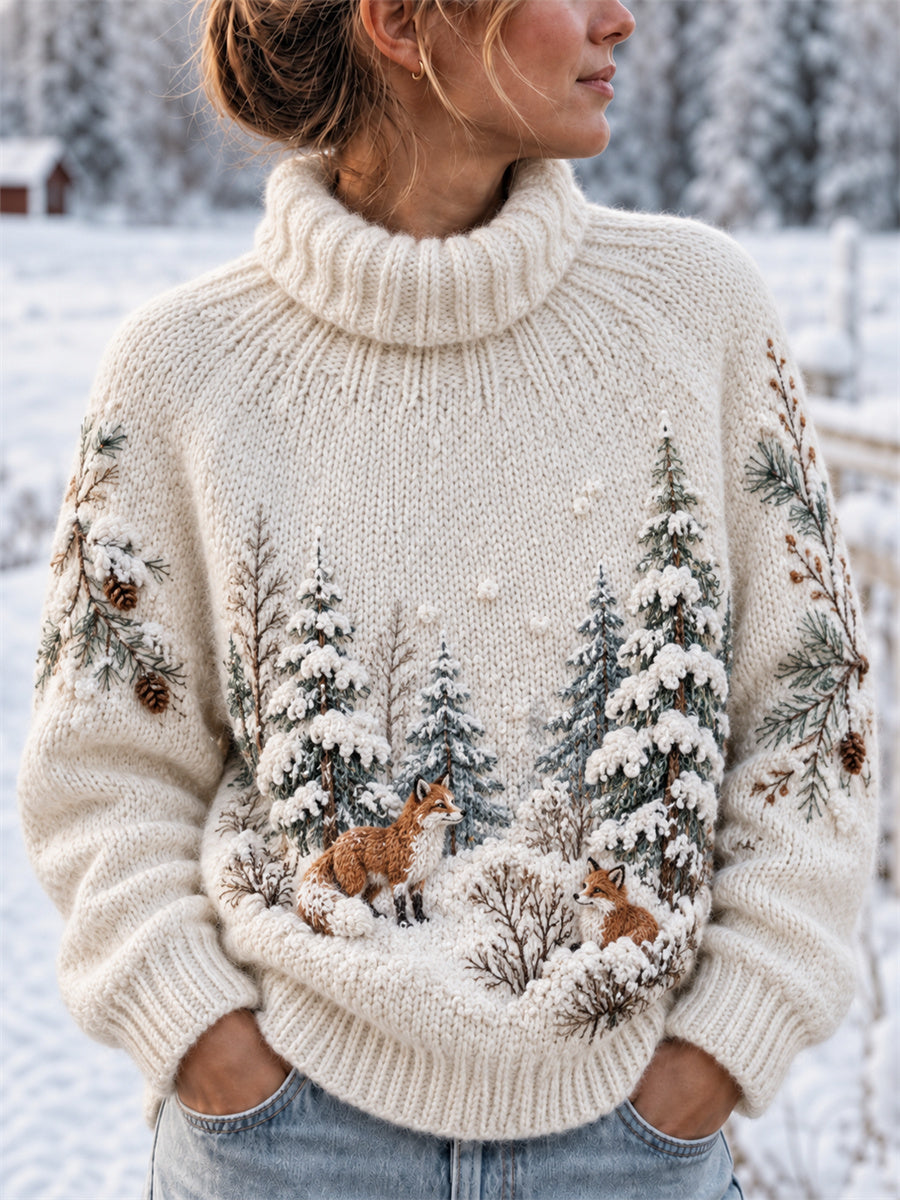 Kvinnors Vintage Rävar Snowy Forest Landskap Skriv ut Mysig Turtlenecks tröjar