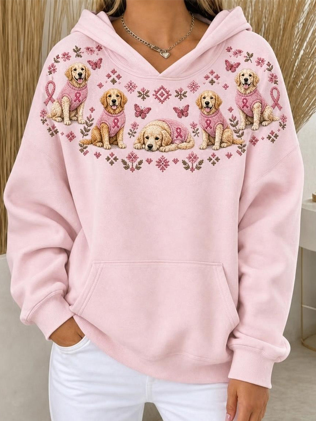 Kvinnlig Labradors och rosa välgörenhetsband mönsterdesign avslappnad hoodie